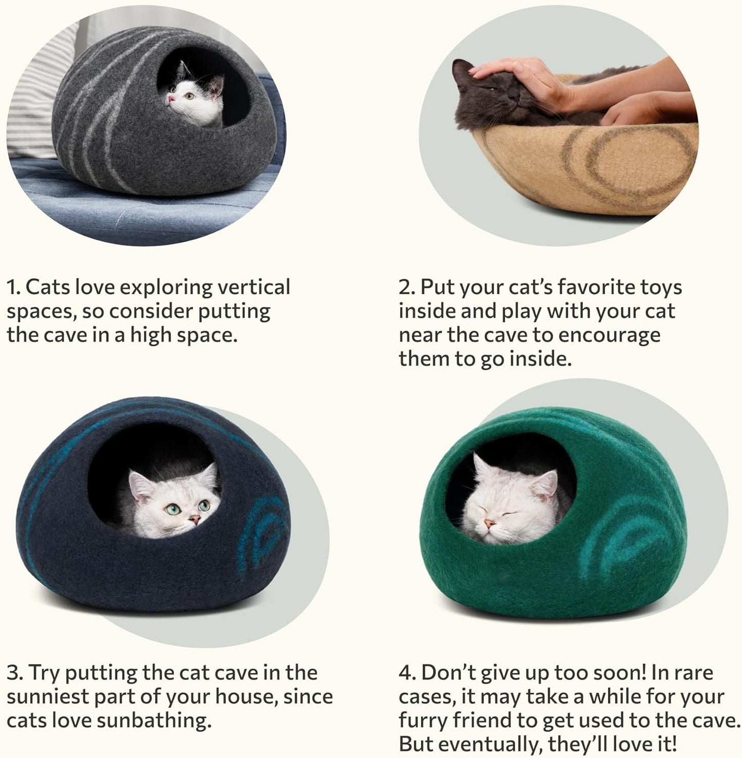 Cat Cave – Premium Felt Cat Bed for Indoor Cats, Handmade Merino Wool (Light Gray, Large)