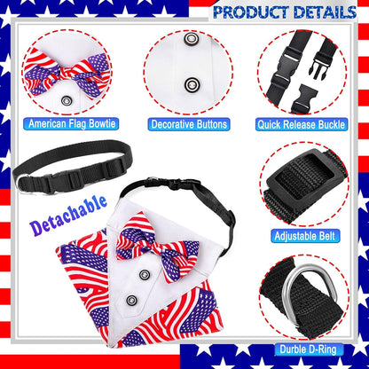 Dog Independence Day Costume 2Pcs Tux Bandana Shiny Pet Top Hat American Flag Dog Tuxedo Triangle Bibs 4Th July Scarf Patriotic Holidays Outfit Dog Collar with Bow Tie for Small Medium Large (Small)