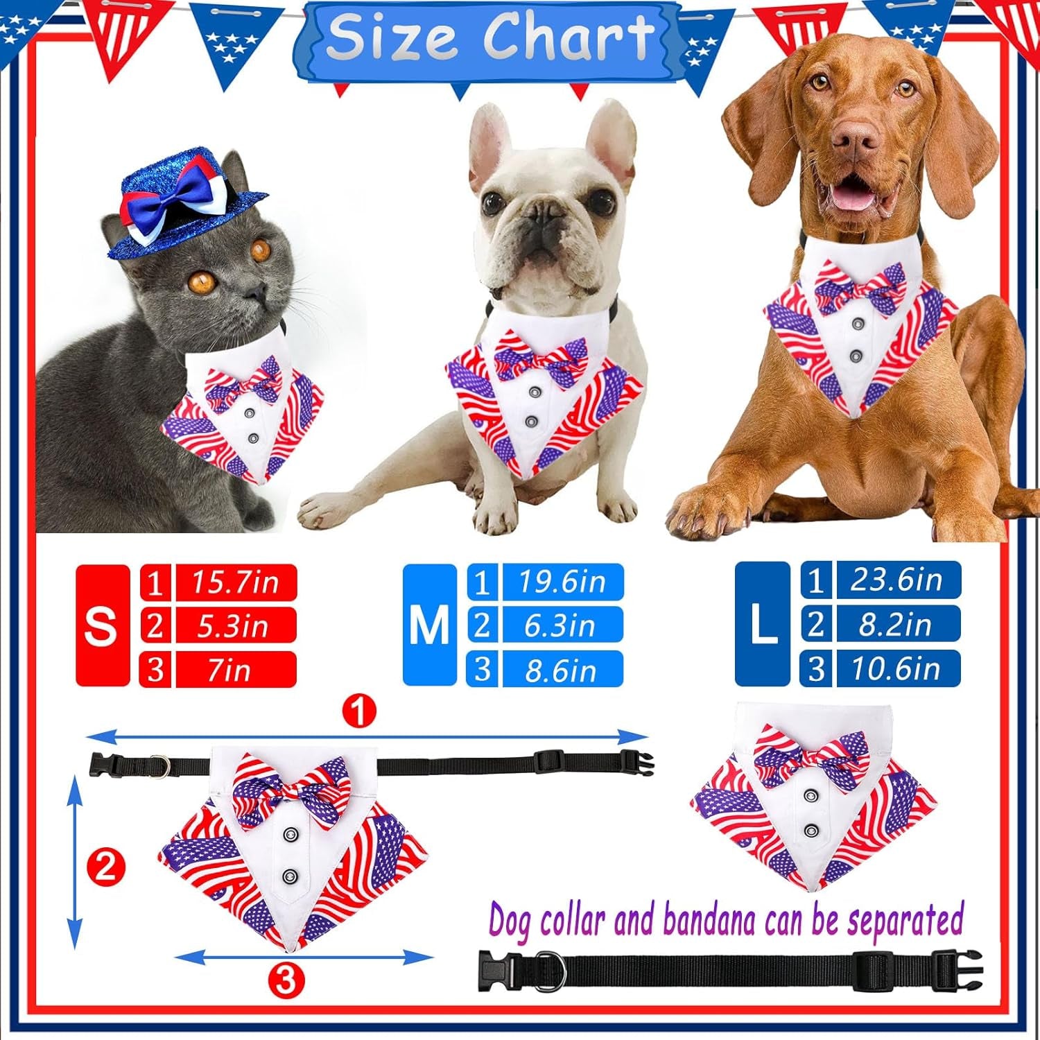 Dog Independence Day Costume 2Pcs Tux Bandana Shiny Pet Top Hat American Flag Dog Tuxedo Triangle Bibs 4Th July Scarf Patriotic Holidays Outfit Dog Collar with Bow Tie for Small Medium Large (Small)