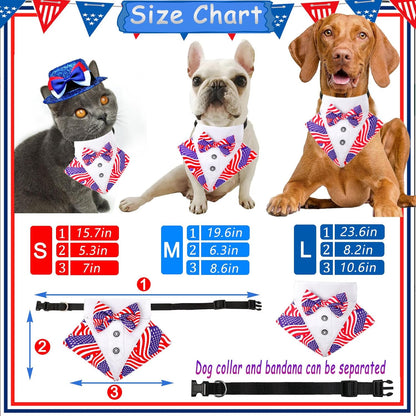 Dog Independence Day Costume 2Pcs Tux Bandana Shiny Pet Top Hat American Flag Dog Tuxedo Triangle Bibs 4Th July Scarf Patriotic Holidays Outfit Dog Collar with Bow Tie for Small Medium Large (Small)