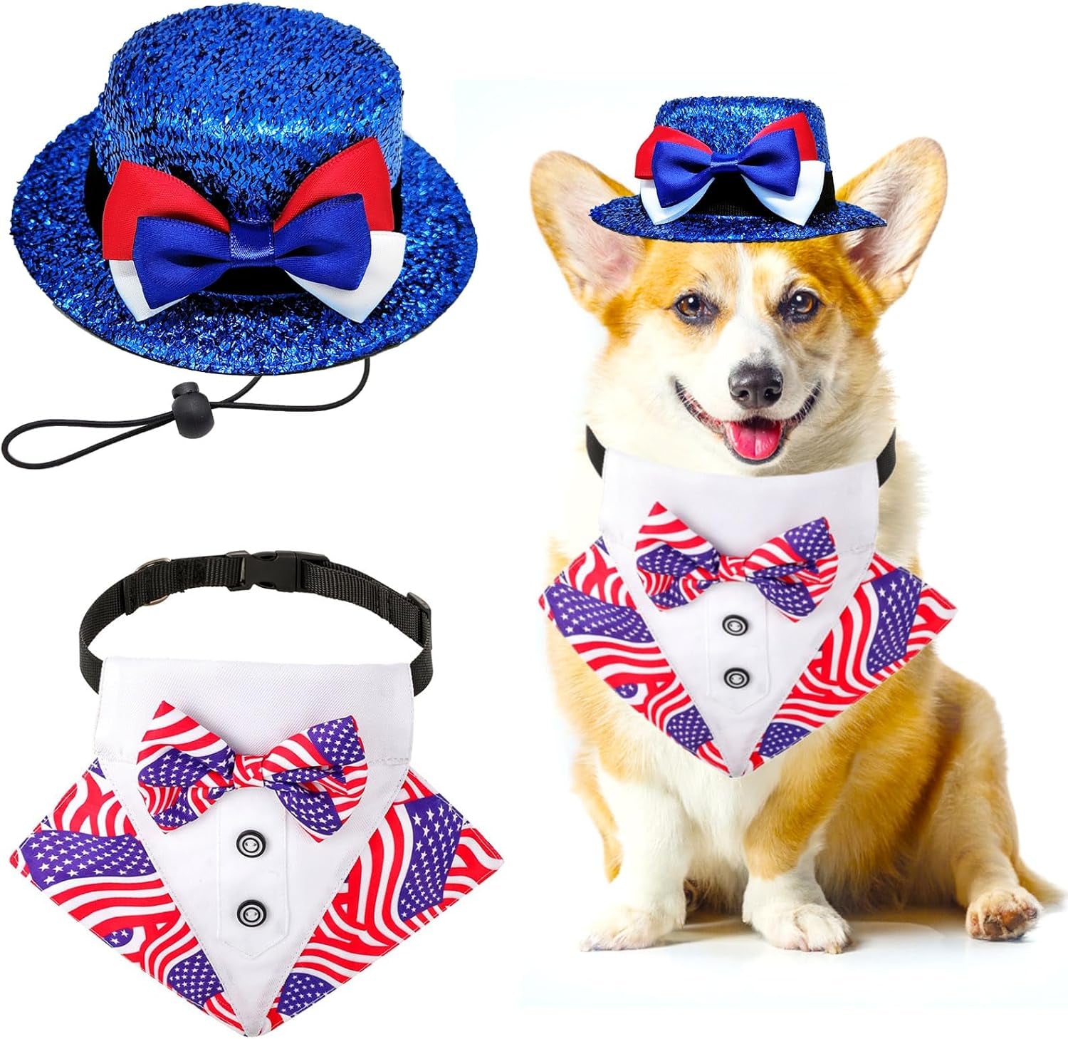 Dog Independence Day Costume 2Pcs Tux Bandana Shiny Pet Top Hat American Flag Dog Tuxedo Triangle Bibs 4Th July Scarf Patriotic Holidays Outfit Dog Collar with Bow Tie for Small Medium Large (Small)