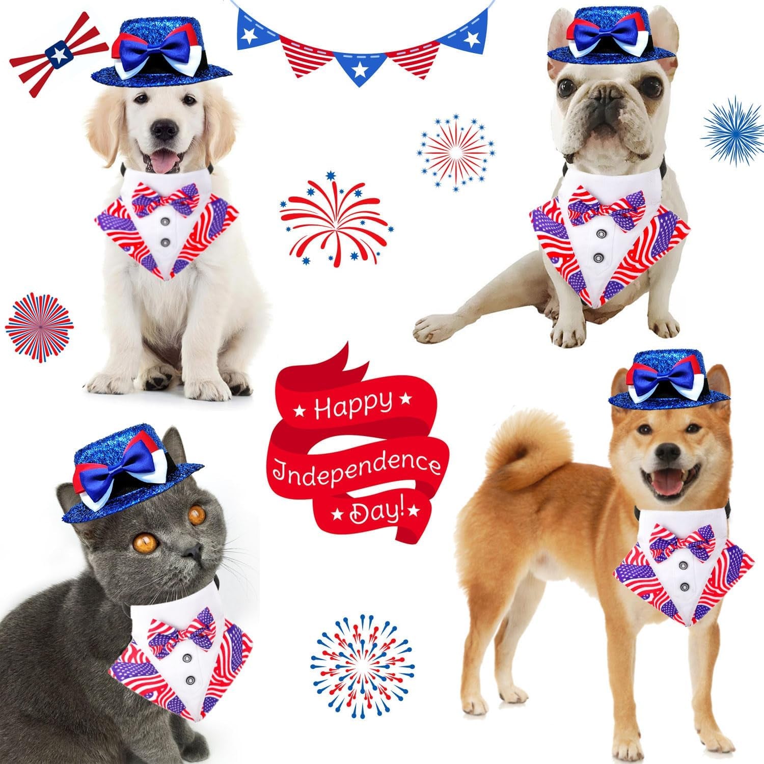 Dog Independence Day Costume 2Pcs Tux Bandana Shiny Pet Top Hat American Flag Dog Tuxedo Triangle Bibs 4Th July Scarf Patriotic Holidays Outfit Dog Collar with Bow Tie for Small Medium Large (Small)